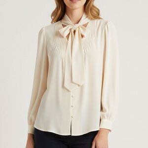 J.Crew Quiet Luxury NWT Tie Neck Blouse | Cream Crepe Long Sleeve | S